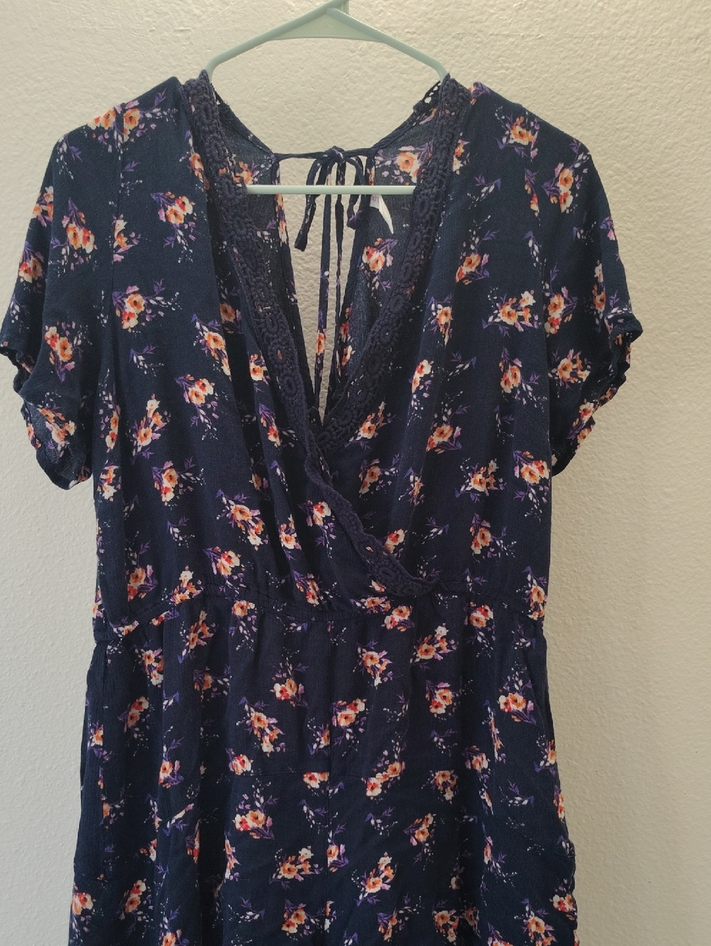 Xhilaration Navy Floral Lace-Trim Wrap Romper